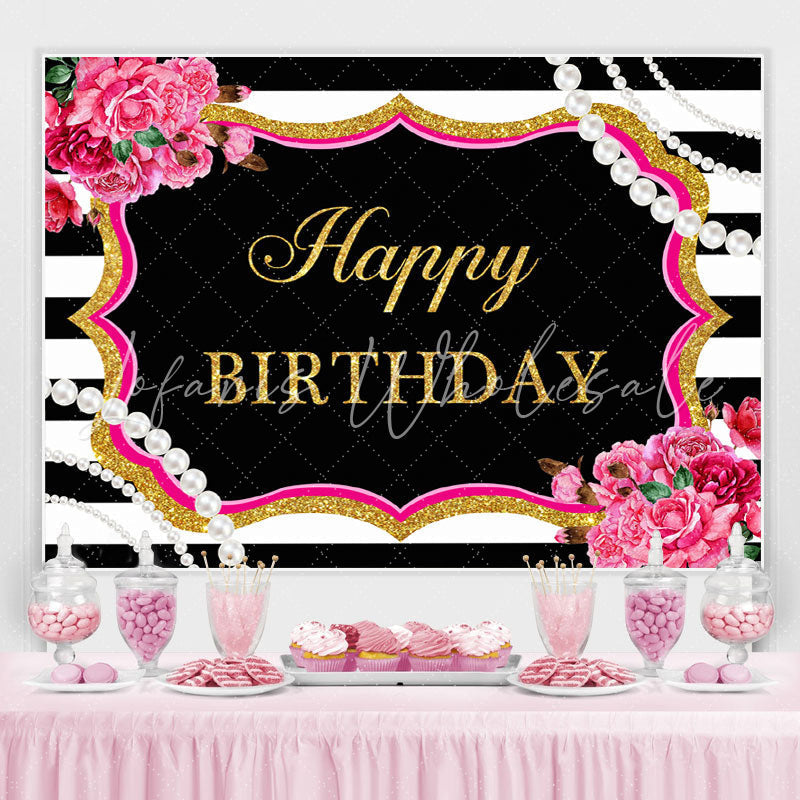 Lofaris Happy Birthday Floral Pearls Black White Backdrop for Party