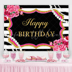 Lofaris Happy Birthday Floral Pearls Black White Backdrop for Party