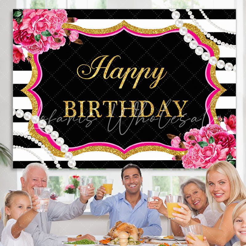 Lofaris Happy Birthday Floral Pearls Black White Backdrop for Party