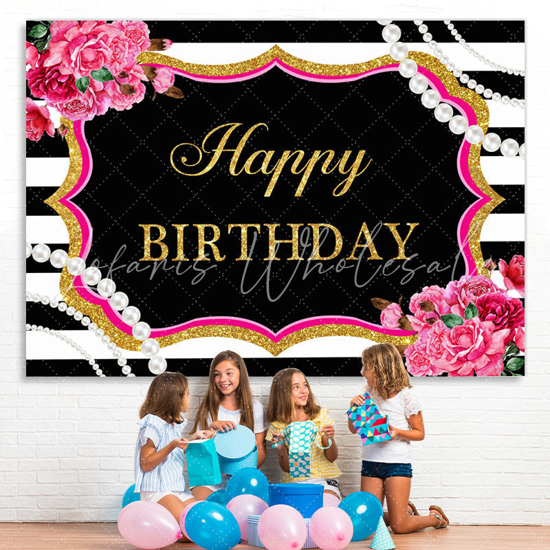 Lofaris Happy Birthday Floral Pearls Black White Backdrop for Party
