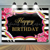 Lofaris Happy Birthday Floral Pearls Black White Backdrop for Party