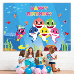 Lofaris Happy Birthday Shark Baby Family Party Backdrop for Kids