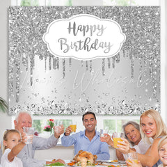 Lofaris Happy Birthday Silver Glitter Diamonds Backdrop for Party