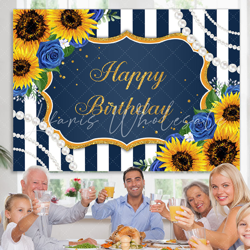 Lofaris Happy Birthday Sunflower Blue Rose Pearls Stripe Backdrop