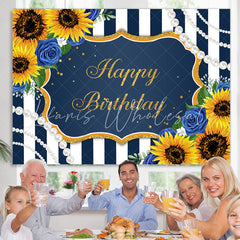 Lofaris Happy Birthday Sunflower Blue Rose Pearls Stripe Backdrop