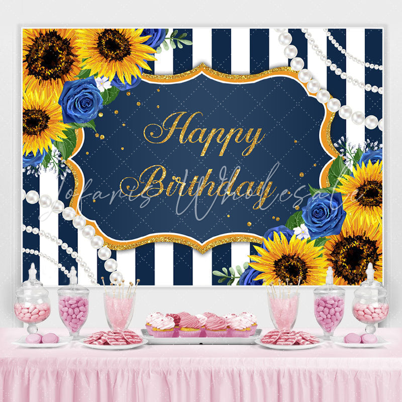 Lofaris Happy Birthday Sunflower Blue Rose Pearls Stripe Backdrop