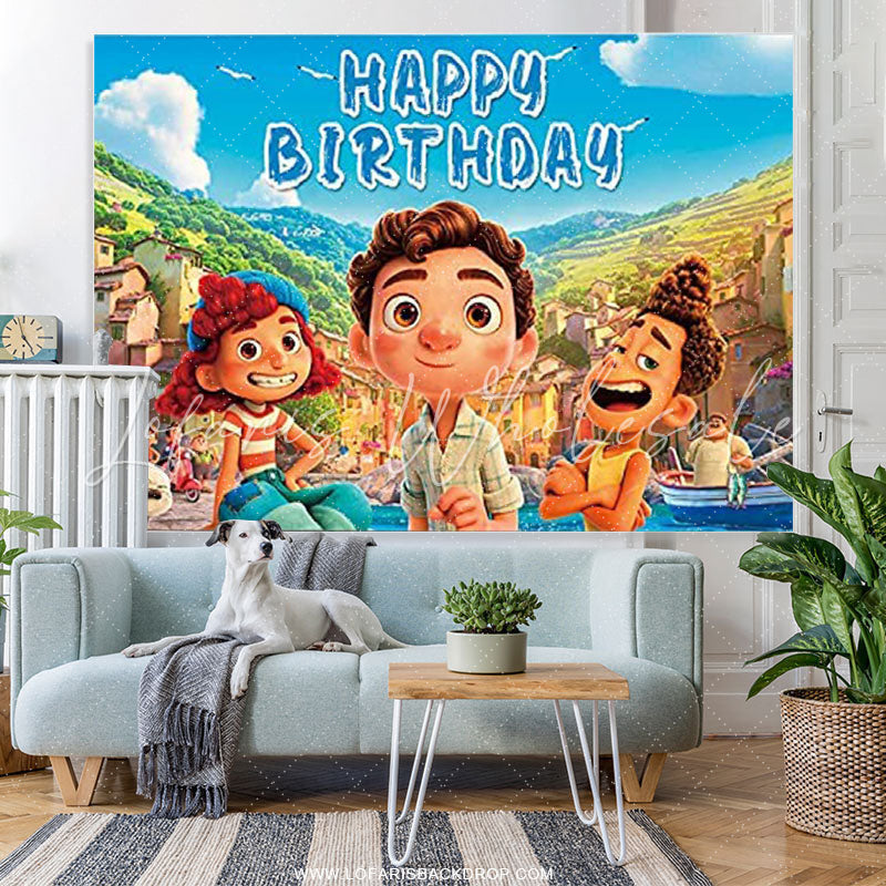 Lofaris Happy Children Cartoon Blue Sky Theme Birthday Backdrop