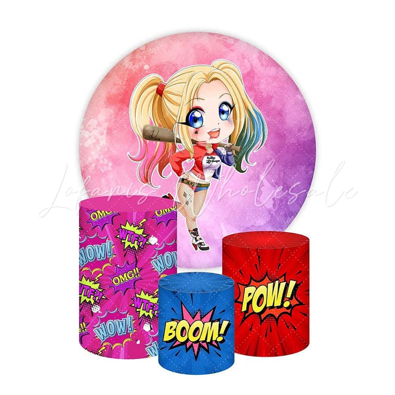 Harley Quinn Themed Round Backdrop and Cylinders Kit for Parties