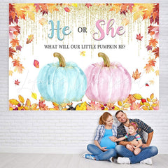 Lofaris He or She Bule and Pink Pumpkin Maple Autumn Backdrop