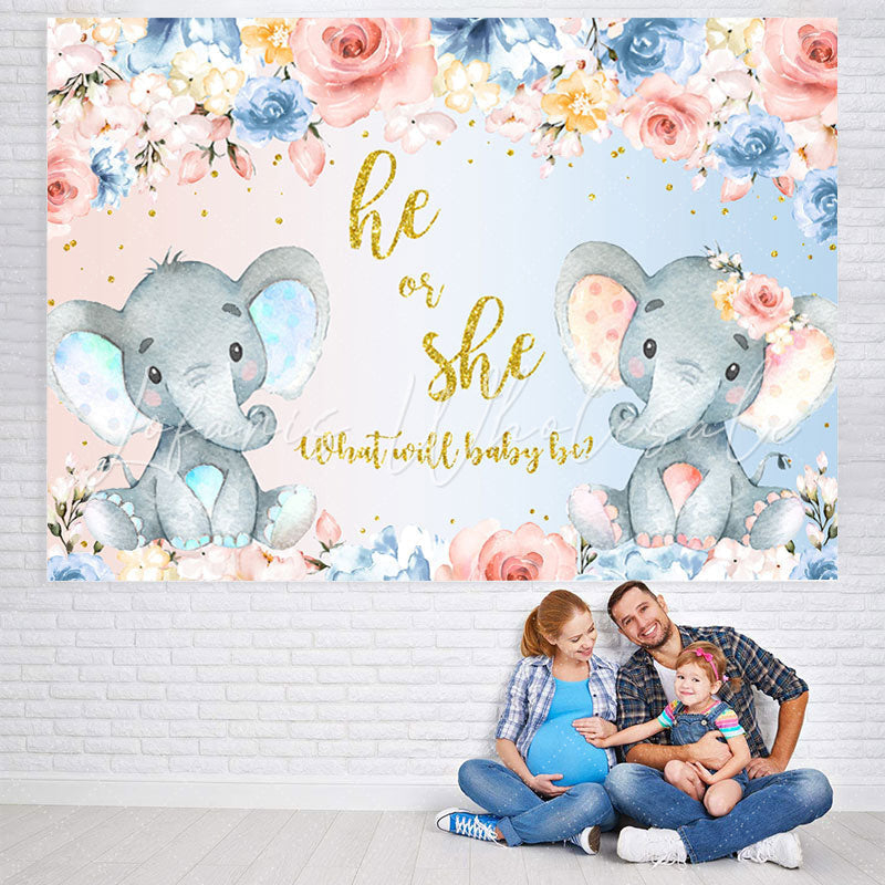 Lofaris He Or She Floral And Elephants Baby Shower Backdrop