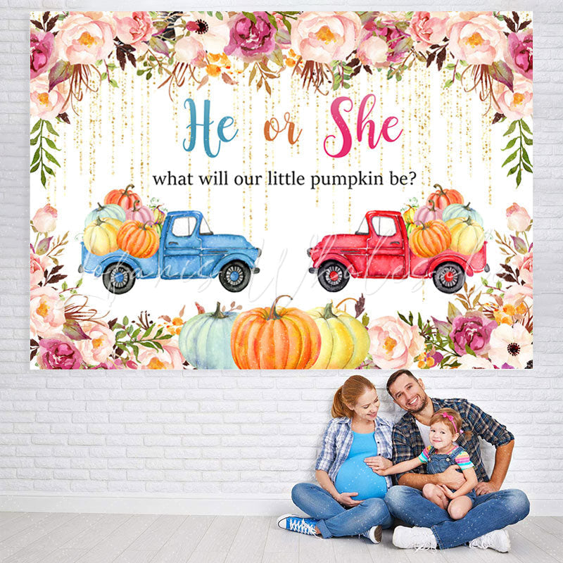 Lofaris He Or She Floral and Pumpkin Fall Baby Shower Backdrop