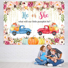 Lofaris He Or She Floral and Pumpkin Fall Baby Shower Backdrop