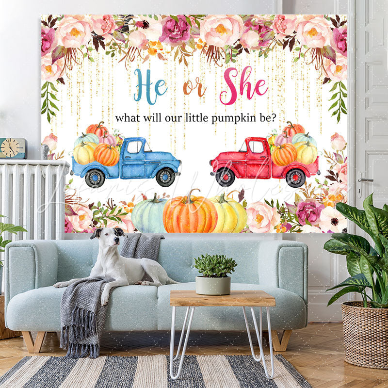 Lofaris He Or She Floral and Pumpkin Fall Baby Shower Backdrop