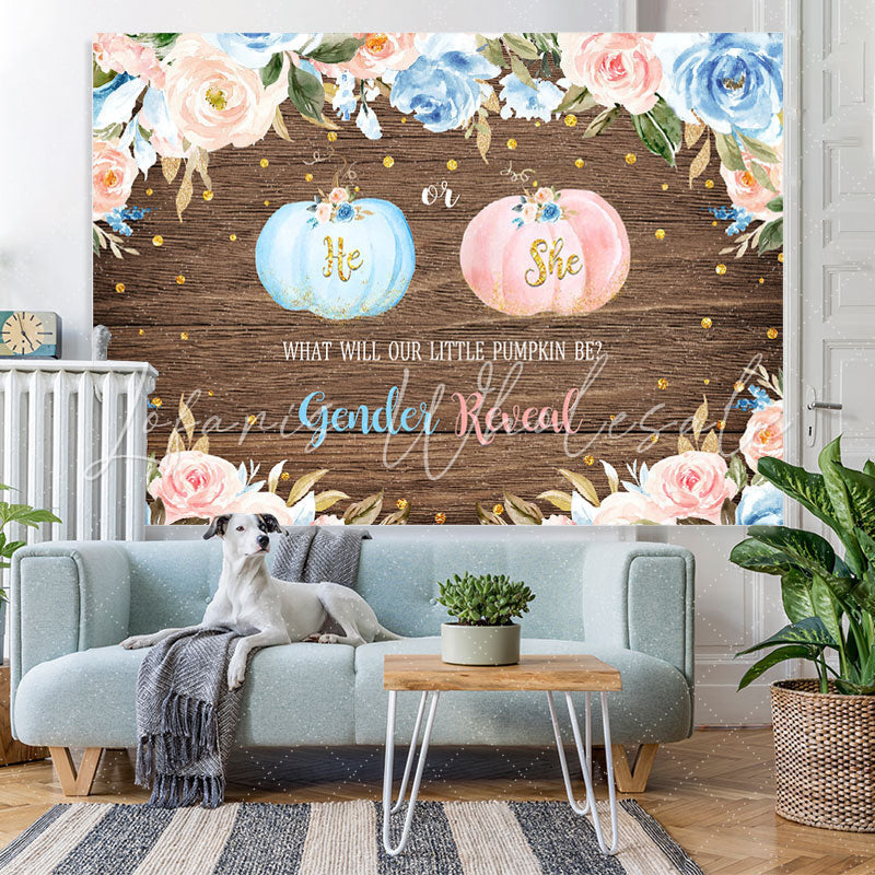 Lofaris He or She Floral and Pumpkins Wood Baby Shower Backdrop