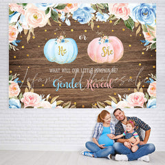 Lofaris He or She Floral and Pumpkins Wood Baby Shower Backdrop