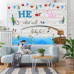 Lofaris He Or She Go Fishing Grey Wood Baby Shower Backdrop