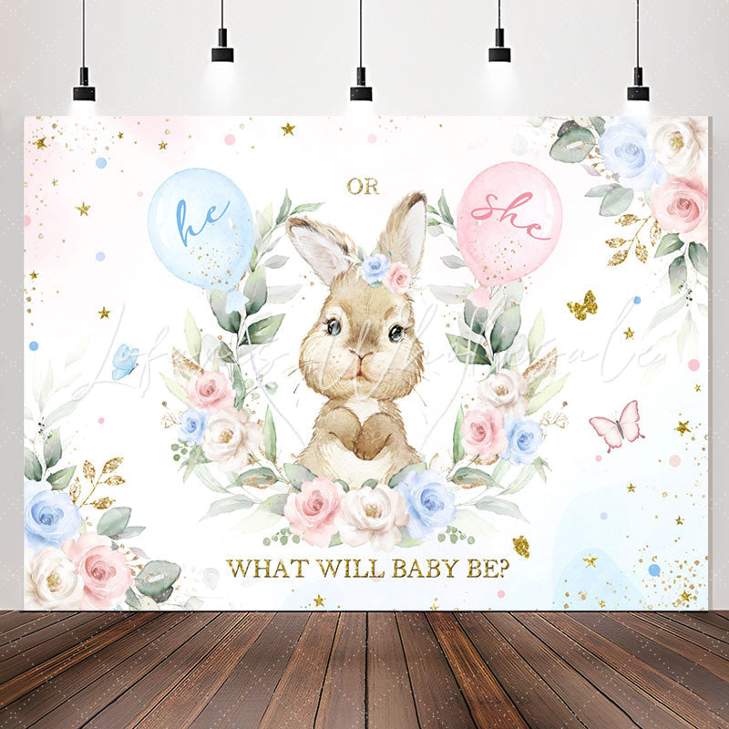 Lofaris He Or She Little Bunny Floral Baby Shower Backdrop