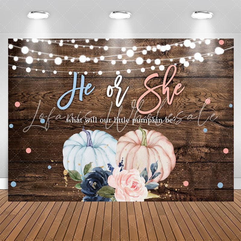Lofaris He Or She Pumpkin Floral Wood Gender Reveal Backdrop