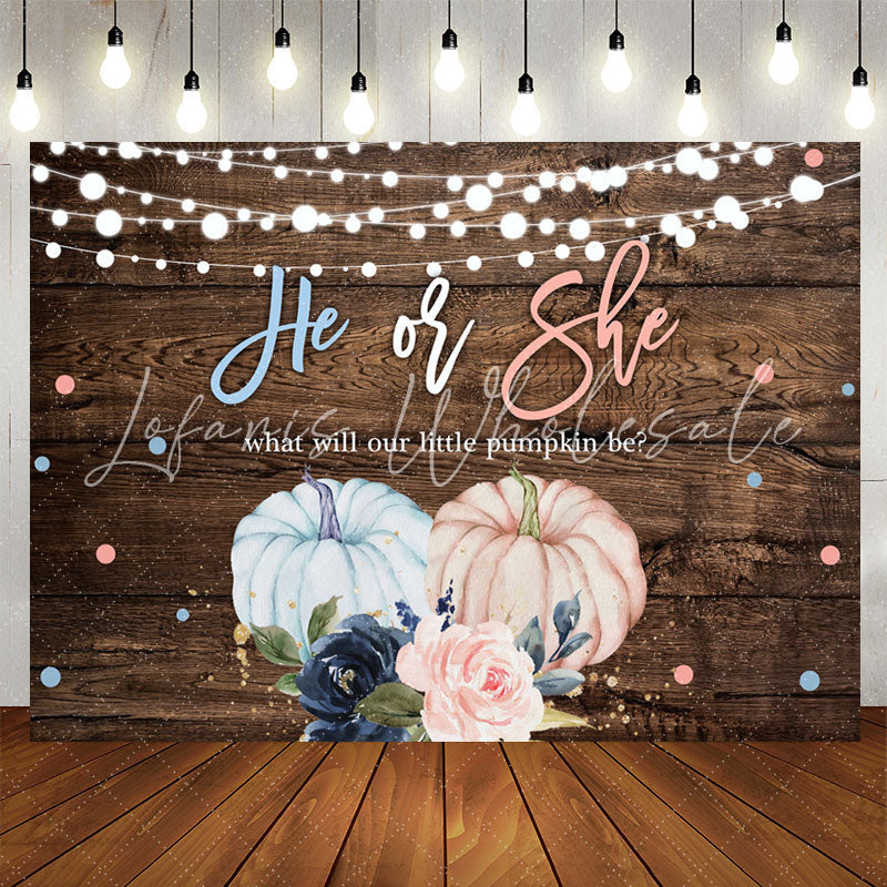 Lofaris He Or She Pumpkin Floral Wood Gender Reveal Backdrop