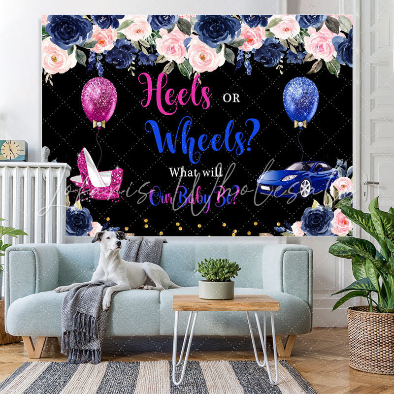 Lofaris Heels or Wheels Gender Reveal Floral Backdrop for Baby Shower