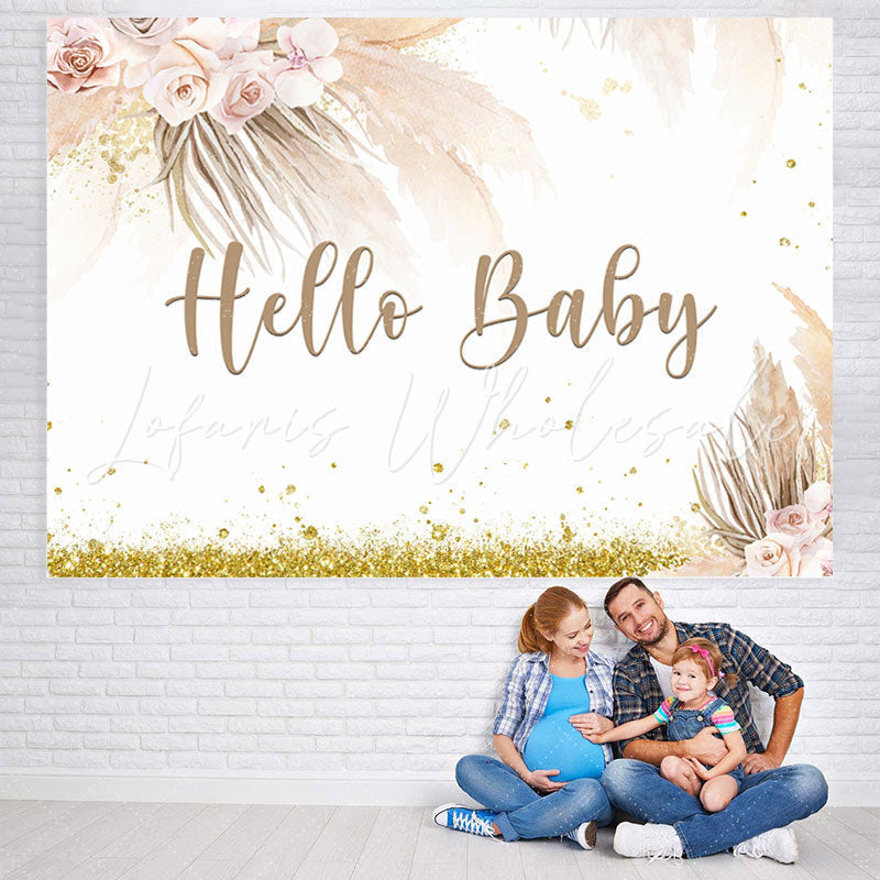 Lofaris Hello Baby Gold Glitter Floral Backdrop for Party Decor