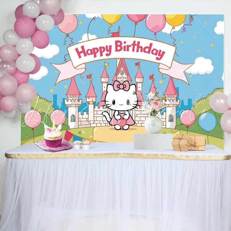 Hello Kitty Castle Cute Cat Birthday Backdrop For Baby Or Girl
