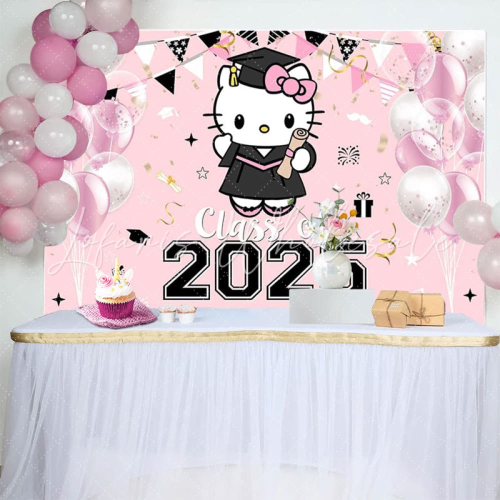 Hello Kity Pink Class of 2025 Congrats Grad Decorations Backdrop