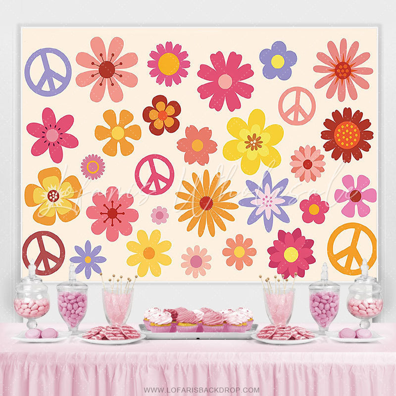 Lofaris Hippie Groovy Boho Flower Peace Logo Birthday Backdrop