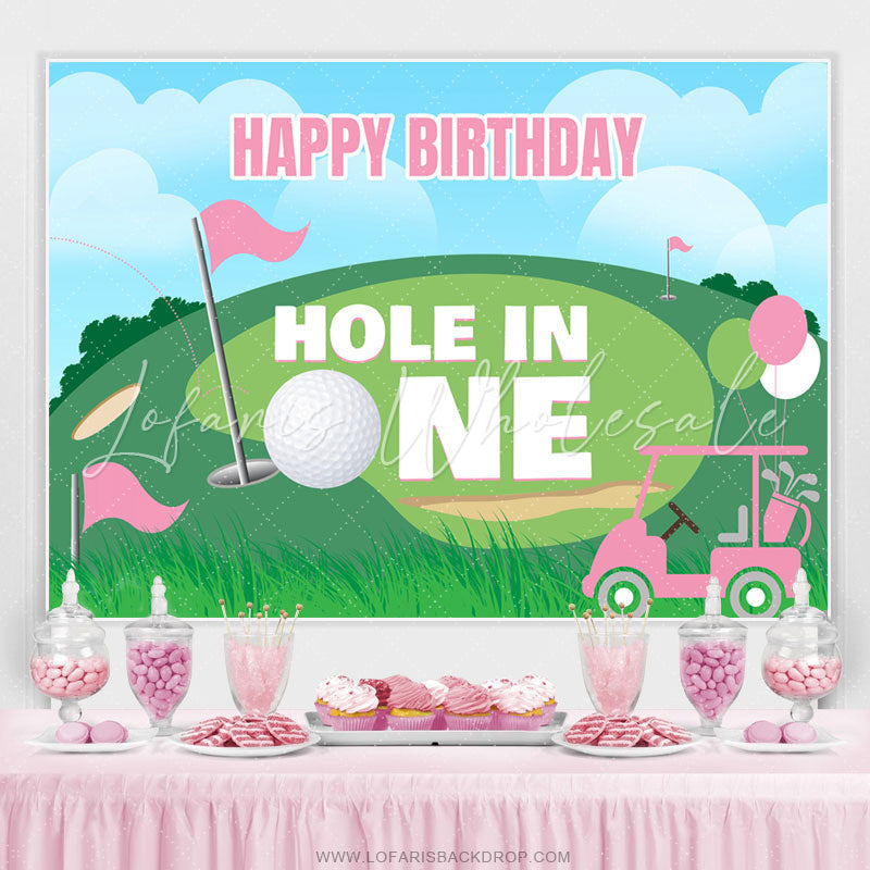 Lofaris Hole In One Pink Balloon Happy Birthday Backdrop