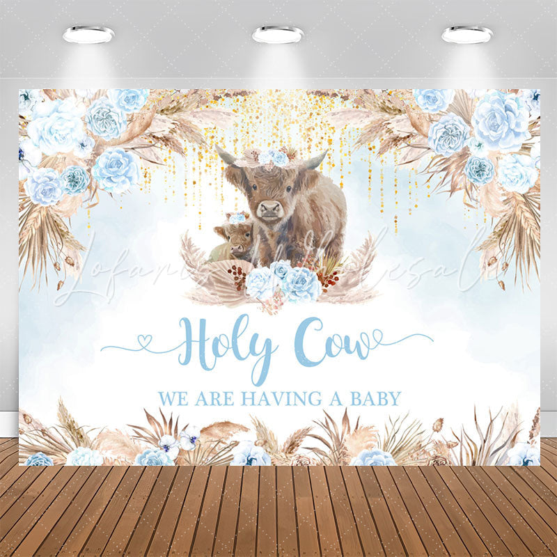 Lofaris Holy Cow Boho Light Blue Flower Baby Shower Backdrop