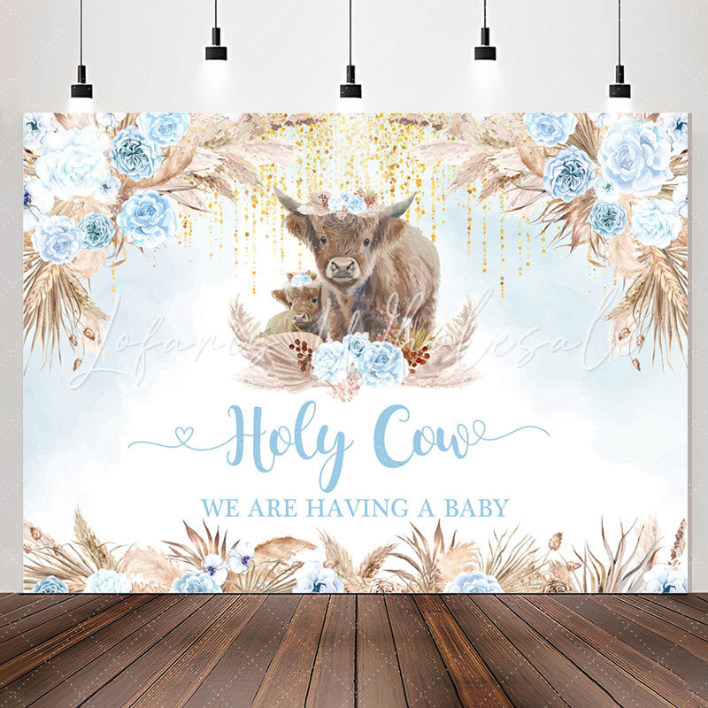 Lofaris Holy Cow Boho Light Blue Flower Baby Shower Backdrop