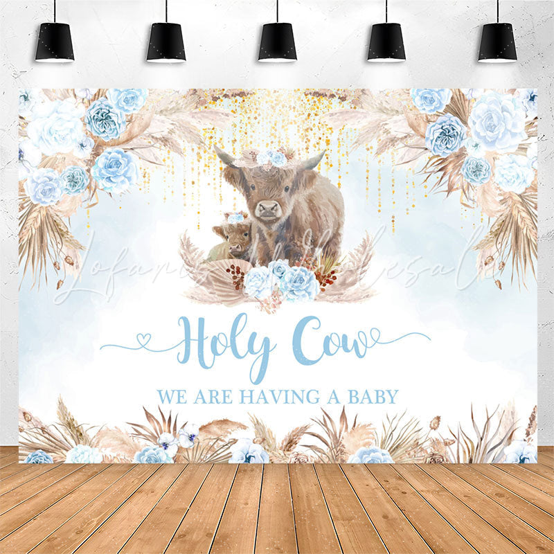 Lofaris Holy Cow Boho Light Blue Flower Baby Shower Backdrop