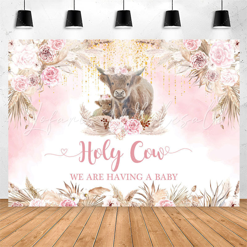 Lofaris Holy Cow Boho Pink Flowers Baby Shower Backdrop