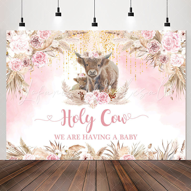 Lofaris Holy Cow Boho Pink Flowers Baby Shower Backdrop