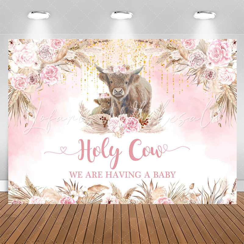 Lofaris Holy Cow Boho Pink Flowers Baby Shower Backdrop