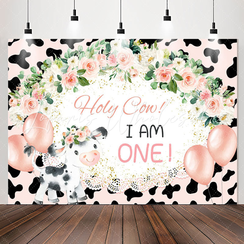 Lofaris Holy Cow I Am One Floral Lace 1st Birthday Backdrop