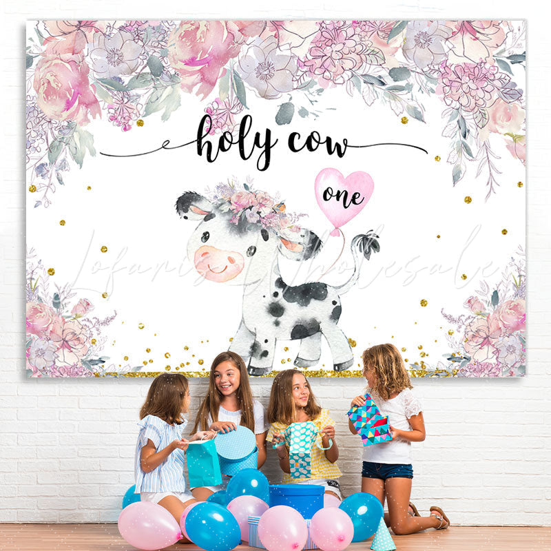 Lofaris Holy Cow One Pink Floral Baby 1St Birthday Backdrop