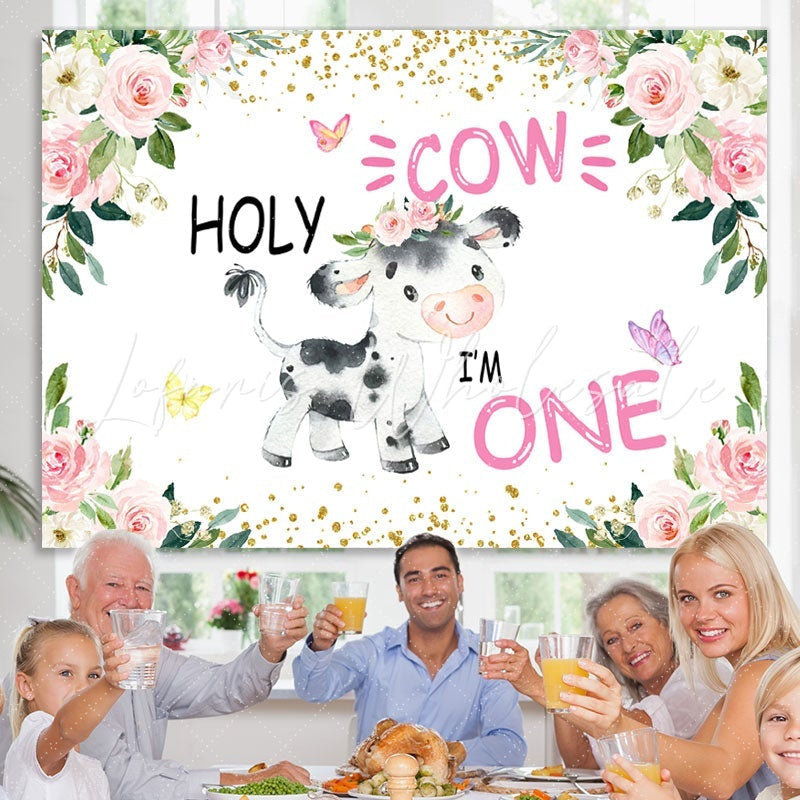 Lofaris Holy Cow Pink Floral Gold Glitter First Birthday Backdrop for Girl