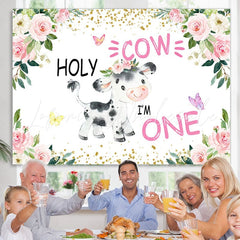 Lofaris Holy Cow Pink Floral Gold Glitter First Birthday Backdrop for Girl