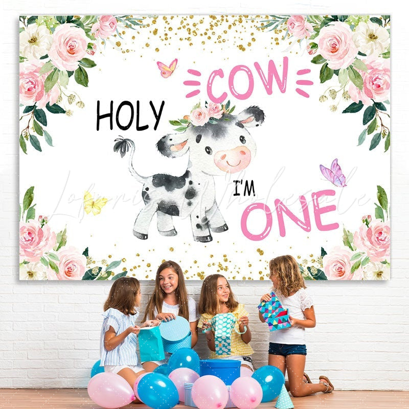 Lofaris Holy Cow Pink Floral Gold Glitter First Birthday Backdrop for Girl