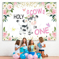 Lofaris Holy Cow Pink Floral Gold Glitter First Birthday Backdrop for Girl