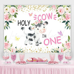 Lofaris Holy Cow Pink Floral Gold Glitter First Birthday Backdrop for Girl