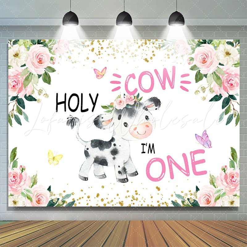 Lofaris Holy Cow Pink Floral Gold Glitter First Birthday Backdrop for Girl