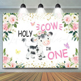 Lofaris Holy Cow Pink Floral Gold Glitter First Birthday Backdrop for Girl