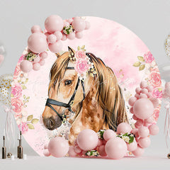 Horse and Pink Flowers Round Backdrop for Spring Garden Party