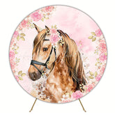 Horse and Pink Flowers Round Backdrop for Spring Garden Party
