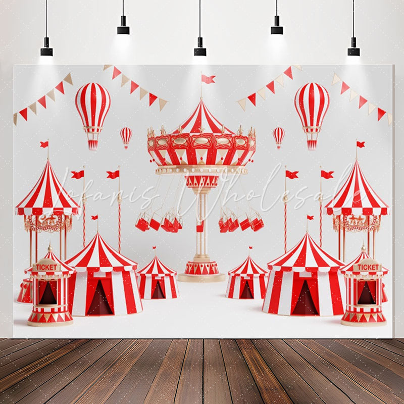 Lofaris Hot Air Balloons Red White Circus Birthday Backdrop