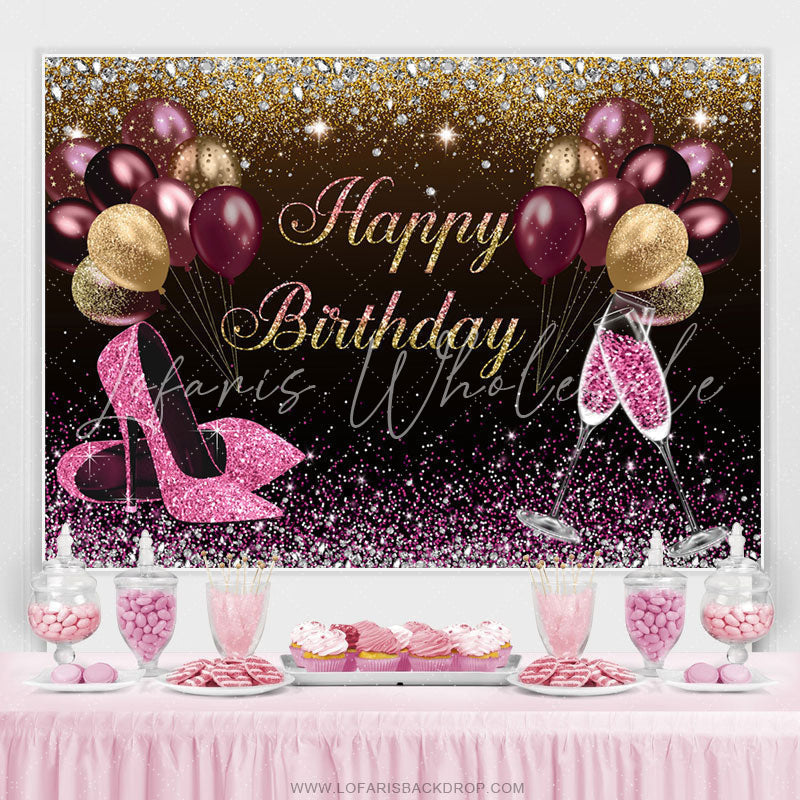 Lofaris Hot Pink And Gold Glitter Balloons Birthday Backdrop