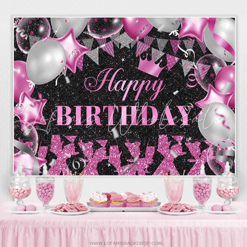 Lofaris Hot Pink Sliver Balloons Glitter Black Birthday Backdrop
