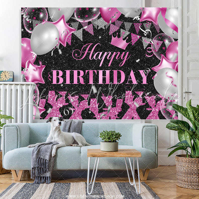 Lofaris Hot Pink Sliver Balloons Glitter Black Birthday Backdrop
